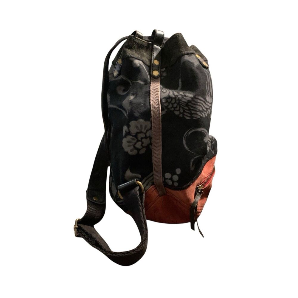 VTG Lucky Brand Leather Canvas Backpack Bag Floral Black Red Y2K Boho Drawstring - Picture 4 of 16
